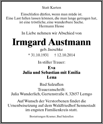 Anzeige  Irmgard Austmann  Lippische Landes-Zeitung