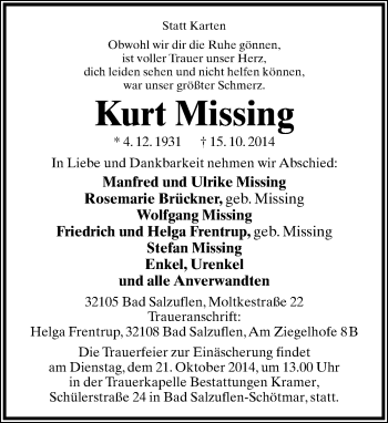 Anzeige  Kurt Missing  Lippische Landes-Zeitung