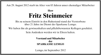 Anzeige  Fritz Steinmeier  Lippische Landes-Zeitung