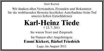Anzeige  Karl-Heinz Tiede  Lippische Landes-Zeitung