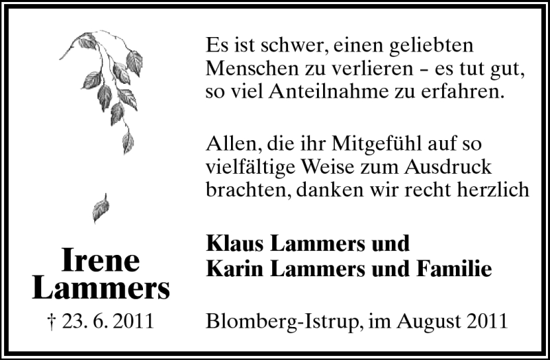  Traueranzeige für Irene Lammers vom 06.08.2011 aus Lippische Landes-Zeitung
