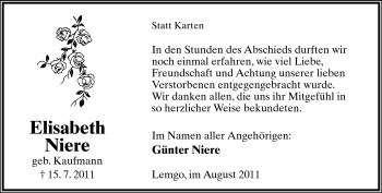 Anzeige  Elisabeth Niere  Lippische Landes-Zeitung