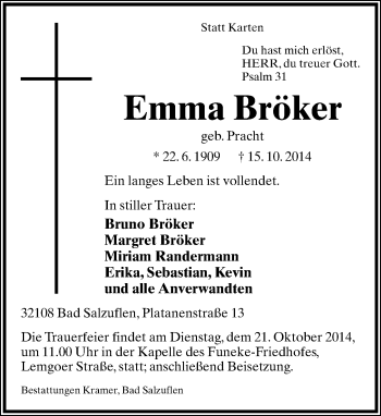 Anzeige  Emma Bröker  Lippische Landes-Zeitung