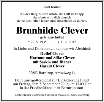 Anzeige  Brunhilde Clever  Lippische Landes-Zeitung