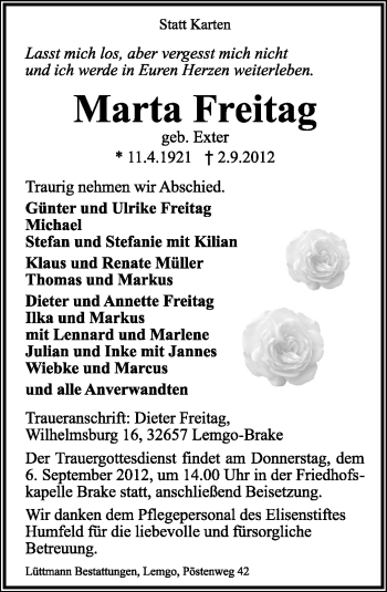 Anzeige  Marta Freitag  Lippische Landes-Zeitung