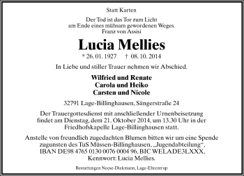 Anzeige  Lucia Mellies  Lippische Landes-Zeitung
