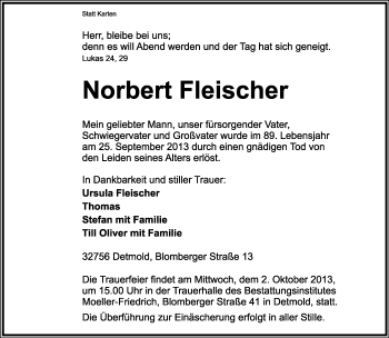 Anzeige  Norbert Fleischer  Lippische Landes-Zeitung