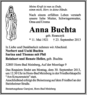 Anzeige  Anna Buchta  Lippische Landes-Zeitung