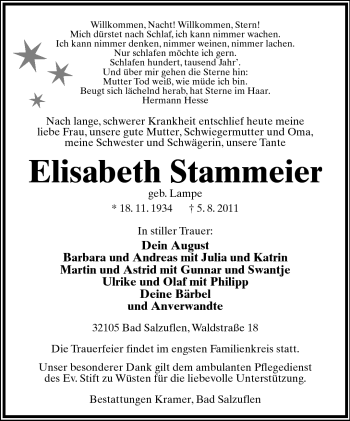 Anzeige  Elisabeth Stammeier  Lippische Landes-Zeitung