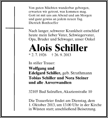 Anzeige  Alois Schiller  Lippische Landes-Zeitung