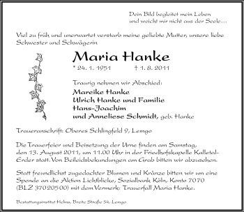 Anzeige  Maria Hanke  Lippische Landes-Zeitung