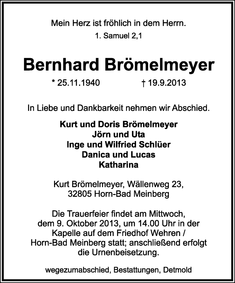  Traueranzeige für Bernhard Brömelmeyer vom 28.09.2013 aus Lippische Landes-Zeitung