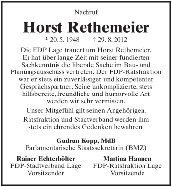 Anzeige  Horst Rethemeier  Lippische Landes-Zeitung