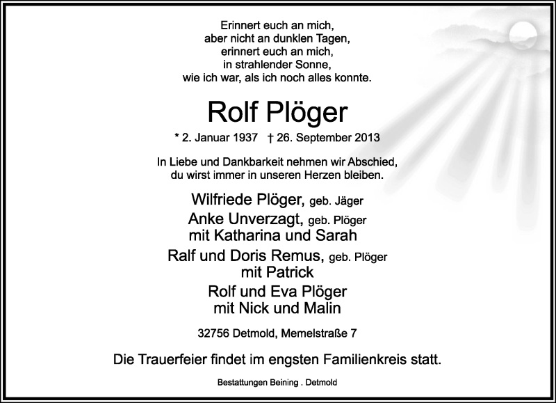 Traueranzeige für Rolf Plöger vom 28.09.2013 aus Lippische Landes-Zeitung