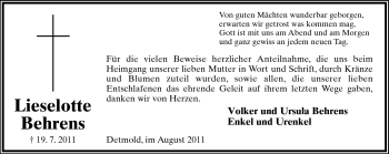Anzeige  Lieselotte Behrens  Lippische Landes-Zeitung