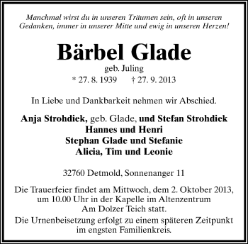 Anzeige  Bärbel Glade  Lippische Landes-Zeitung