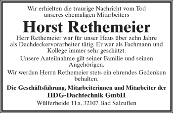 Anzeige  Horst Rethemeier  Lippische Landes-Zeitung