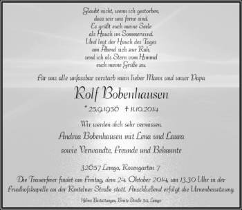 Anzeige  Rolf Bobenhausen  Lippische Landes-Zeitung