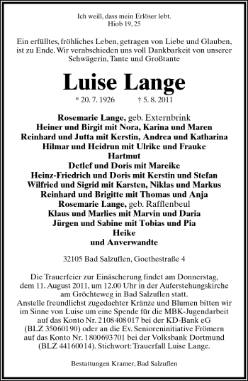 Anzeige  Luise Lange  Lippische Landes-Zeitung