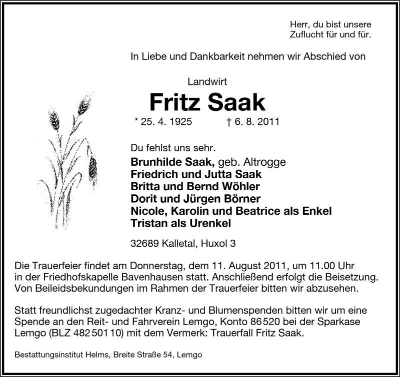  Traueranzeige für Fritz Saak vom 08.08.2011 aus Lippische Landes-Zeitung
