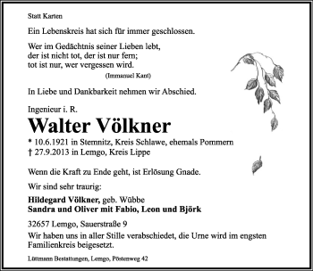 Anzeige  Walter Völkner  Lippische Landes-Zeitung