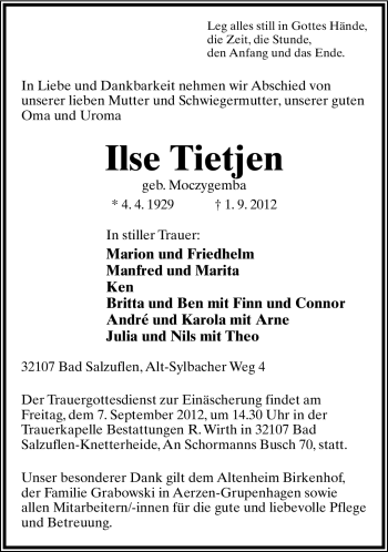 Anzeige  Ilse Tietjen  Lippische Landes-Zeitung