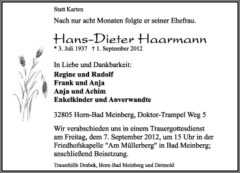 Anzeige  Hans-Dieter Haarmann  Lippische Landes-Zeitung