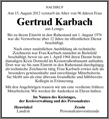 Anzeige  Gertrud Karbach  Lippische Landes-Zeitung