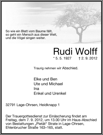 Anzeige  Rudi Wolff  Lippische Landes-Zeitung