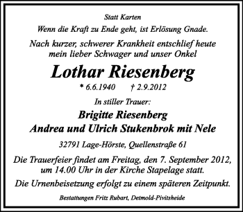 Anzeige  Lothar Riesenberg  Lippische Landes-Zeitung