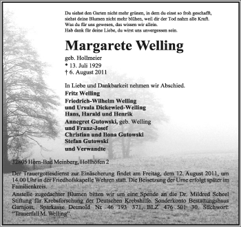 Anzeige  Margarete Welling  Lippische Landes-Zeitung