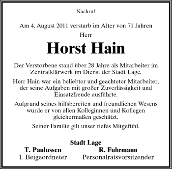 Anzeige  Horst Hain  Lippische Landes-Zeitung