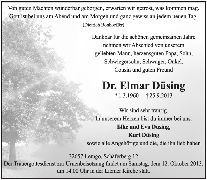  Traueranzeige für Elmar Düsing vom 01.10.2013 aus Lippische Landes-Zeitung