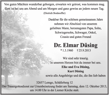 Anzeige  Elmar Düsing  Lippische Landes-Zeitung