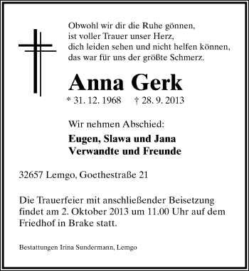 Anzeige  Anna Gerk  Lippische Landes-Zeitung