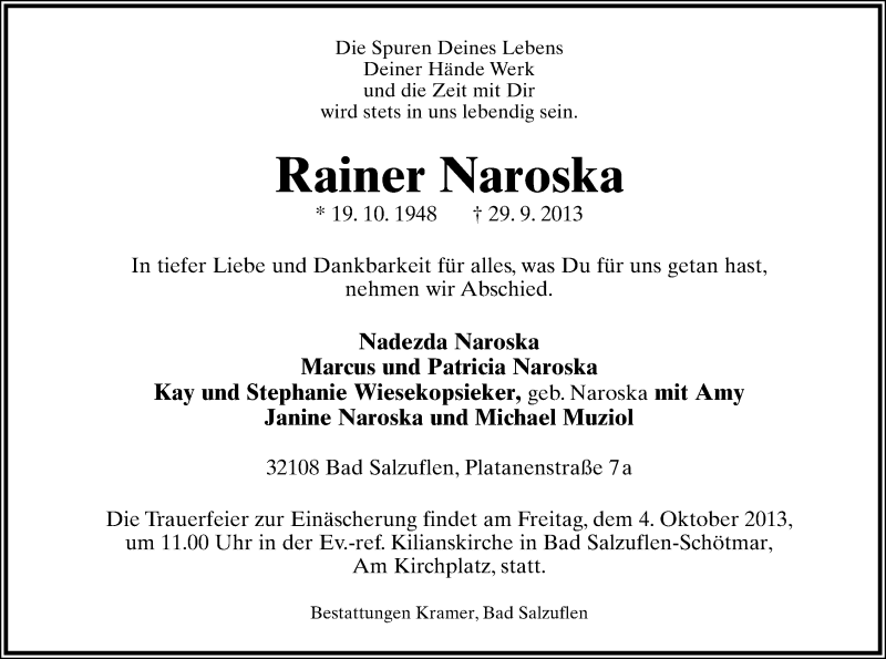  Traueranzeige für Rainer Naroska vom 01.10.2013 aus Lippische Landes-Zeitung