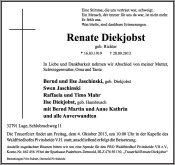 Anzeige  Renate Diekjobst  Lippische Landes-Zeitung