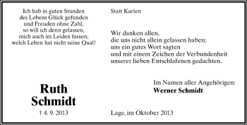 Anzeige  Ruth Schmidt  Lippische Landes-Zeitung