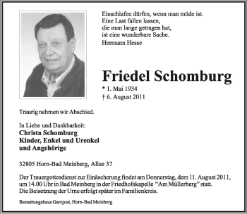 Anzeige  Friedel Schomburg  Lippische Landes-Zeitung