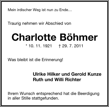 Anzeige  Charlotte Böhmer  Lippische Landes-Zeitung