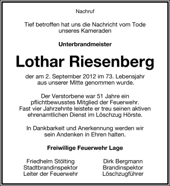 Anzeige  Lothar Riesenberg  Lippische Landes-Zeitung