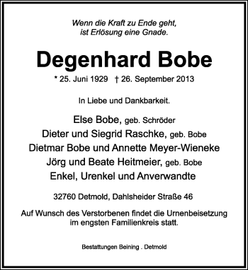 Anzeige  Degenhard Bobe  Lippische Landes-Zeitung