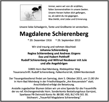 Anzeige  Magdalene Schierenberg  Lippische Landes-Zeitung