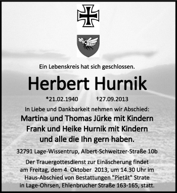 Anzeige  Herbert Hurnik  Lippische Landes-Zeitung
