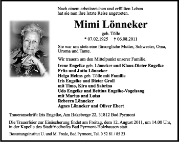 Anzeige  Mimi Lönneker  Lippische Landes-Zeitung