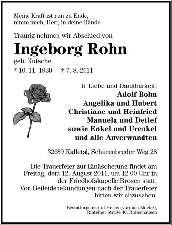 Anzeige  Ingeborg Rohn  Lippische Landes-Zeitung