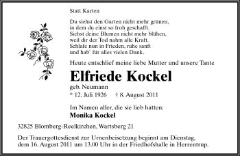 Anzeige  Elfriede Kockel  Lippische Landes-Zeitung
