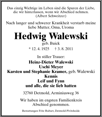 Anzeige  Hedwig Walewski  Lippische Landes-Zeitung