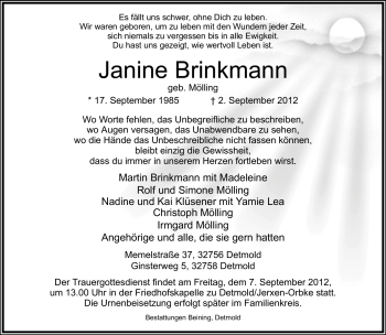 Anzeige  Janine Brinkmann  Lippische Landes-Zeitung