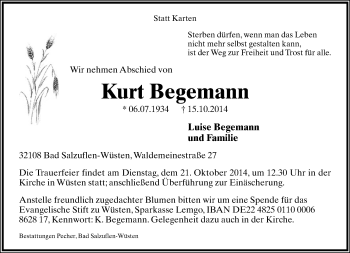 Anzeige  Kurt Begemann  Lippische Landes-Zeitung